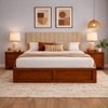 Zyra Solid Wood Queen  Size Upholstered Bed With Hydraulic Storage (Provincial Teak Finish, Beige Colour)