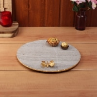 Marble Platter Beige  Round With Gold Foil Work Metal Butterfly Embedded