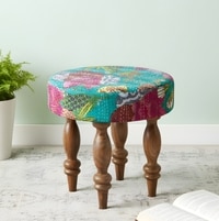 Roswell Sheesham Wood Mid Century Round Stool in Sea Green Fruit Print Kantha Upholstery