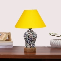 Devansh Conical Yellow Cotton Shade Lamp With Wood & Mosaic Glass Base For Decoration/Office/Home/Gifting/Study For Decoration/Office/Home/Gifting/Study -(10X10X14.5) Inches -A