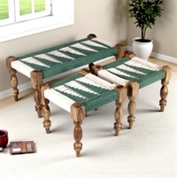 Oakville Sheesham Wood Vintage Seater Maachi Bench Set 2 Stools In Green White Rope