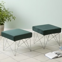 Asansol Sheesham Wood Accent Square Set of 2 Stools     in Green Cotton Velvet Upholstery