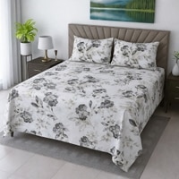 Hugo White Floral 400 TC Cotton Flat Super King Size Bedsheet with 2 Pillow Covers – Threads