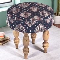 Roswell Sheesham Wood Parisian Round Stool in Blue Jacquard Work Fabric Upholstery