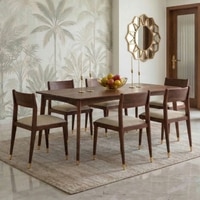 Saar Teak Wood 6 Seater Dining Table with 6 Saar Teak Wood Dining Chair (Finish: Espresso Teak, Colour: Macadamia Brown)