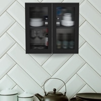 Aluminium Black Profile 2 Fluted Glass Handless Shutters Wall Cabinet In Slate Grey Finish