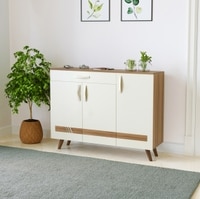 BLUEWUD Kaspen Engineered Wood Dual Tone 3 Doors Shoe Rack Cabinet Slipper Footwear Stand Organizer Sideboard with Drawer for Living Room Home 16 Pairs (Walnut & White)