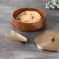 Classic Acacia Wood Roti Box With Tong Gold