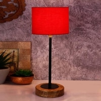 Rene Red Fabric Shade Table Lamp with Natural Wood & Iron Base