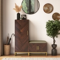 Nina 16 Pair Solid Wood Shoe Cabinet with Seat In Mango Walnut Finish