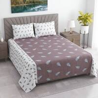 White And Plum Shade Floral  Cotton 400 Tc  Flat  Double Quen Size Bedsheet With 2 Pillow Covers