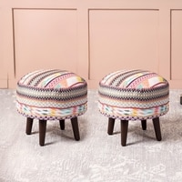 Hues Jacquard Wooden Ottoman in Multicolor Set of 2