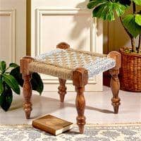 Riaza Sheesham Wood Maachi Stool in Natural Jute & Silver Rope Canning