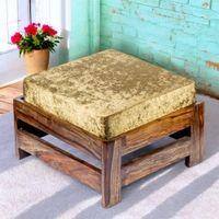 Amber Sheesham Wood Foot Stool in Teak Finish with Velvet Green Cushion