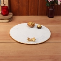 White Marble Round Platter with Gold Foil Work and Brass Butterfly Embedding, Multi-Utility