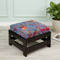 Kumkum Rosewood Foot Stool with Bird Print Grey Kantha Cushion