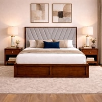 Vedanch Solid Wood Queen Size Upholstered Bed With Hydraulic Storage (Provincial Teak Finish, Grey Colour)