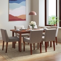 Dane Solid Wood Dining Table 6 Seater with 6 Ludo Upholstered Dining Chairs (Finish: Honey, Colour: Shitake Beige)