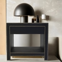 Ler Series Bedside Table in Black Leatherette and Pewter Nailhead Trims