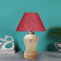 Devansh Conical  Maroon Jute Shade  Lamp With  Wood & Mosaic Glass Base For Decoration /Office/Home/Gifting/Study For Decoration /Office/Home/Gifting/Study -(10X10X14.5) Inches -