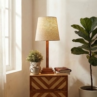 Babel Wooden Table Lamp with Brown Base and Premium White Fabric Lampshade