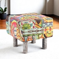 Verona Solid Wood Pouf Stool in Multicolour Patch Kantha Fabric