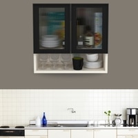 Aluminium Black Profile 2 Fluted Glass Handless Shutter With Space Organizer In Highland Pine Finish