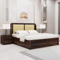 Lotus Solid Wood Queen  Size Upholstered Bed With Drawer Storage (Provincial Teak Finish)