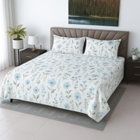 White Floral 400 TC Cotton Flat Super King Size Bedsheet With 2 Pilllow Covers From Threads