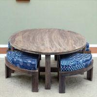 Nashville Sheesham Wood 4 Seater Coffee Table Set In Antique Grey Finish Indigo Patch Kantha Cushion
