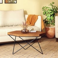 Dyson Hex Abstract Solid Wood Coffee Table With Black Base In Amber Walnut Finish