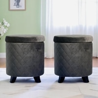 Orl o Solid Wood Accent Round Set of 2 Ottomans in Iron Grey Velvet Upholstery   Storage