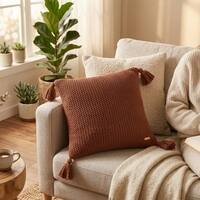 Moss Knit Rust Cotton Knitted Decorative Cushion Cover 16 x 16 Inches