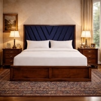 Vedanch Solid Wood Queen Size Upholstered Bed With Box Storage (Provincial Teak Finish, Royal Blue Colour)