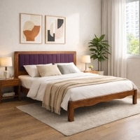 Linea Solid Wood Queen  Size Upholstered Bed Without Storage (Provincial Teak Finish, Purple Colour)