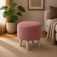 Doe Buck Parker Velvet Round Ottoman Stool in Pink Colour with Wooden Legs