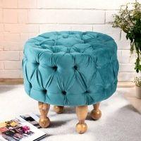 Louisville Acacia Wood Accent Round Pouf Stool in Turquoise