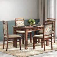 Fidora 4 Seater Dining Table With Set Of 4 Alaine Dining Chairs (Colour- Calico Floral Retreat & Pony Beige, Finish- Teak)