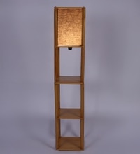 Teak Polish Square Stool Floor Lamp with Black Shade