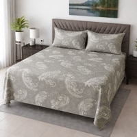Soren Grey Brown Floral 400 TC Cotton Flat Queen Size Bedsheet with 2 Pillow Covers – Threads