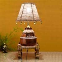 Hand Knitted Earthen Lamp with Jute Shade on Rosewood Manji (7x7x18")