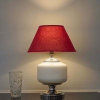 RAMZI Chrome Finish Metal And Frosted White Glass Table Lamp With Maroon Cotton Shade