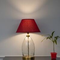 ELVORA Diamond Cut Clear Glass Table Lamp with Brass Base Maroon Shade