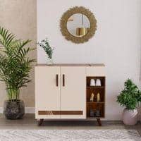 Oleye Engineered Wood Dual Tone 3 Doors Shoe Rack Cabinet Slipper Footwear Stand Organizer with Drawer can Store Up to 16 Pairs for Home (Brown Maple & Beige)