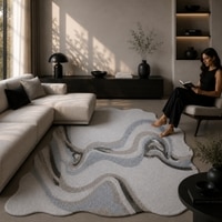 Handmade Wool Silk Shaped Rug Modern Wave Beige 9 x 12 Feet Carpet