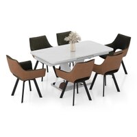 Caribu 6 to 8 Extendable Dining Table, Finish -White marble color High Gloss with set 0f 6 Casey Swivel Dining Chair in Dual Tone