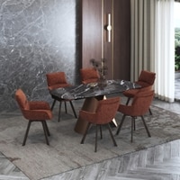 Aeris Ceramic 4 To 6 Seater Extendable Dining Table With 4 Bren Dining Chairs (Finish : Black Jade, Chair Colour : Auburn)