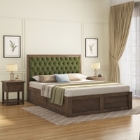 Avon Solid Wood Queen Size Bed With Box Storage (Danish Walnut Finish, Moss Green Colour)