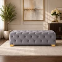 Doe Buck Velvet Tufted Bench in Grey Colour with Gold Base