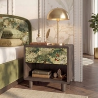 Eden Upholstered Solid wood Bedside Table in Berry Orchid Fabric Colour with Danish Walnut Finish